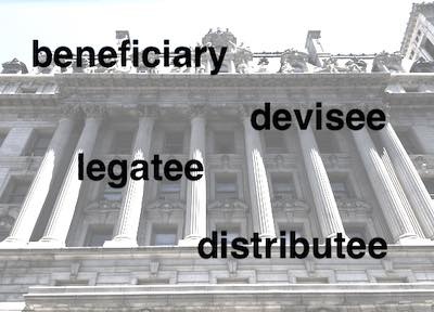 photo of a courthouse on the background and the words Legatee, Devisee, Distributee and Beneficiary on the foreground