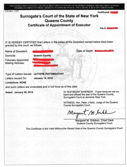 New York Certificate of Appointment of Executor