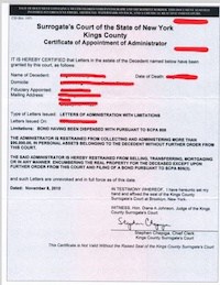 a picture of certificate of appointment of administrator with limitations in new york 