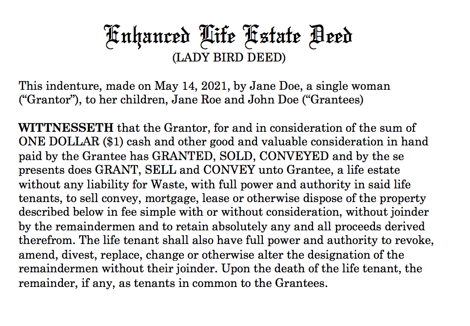 Lady Bird Deed in Florida Also Known as Enhanced Life Estate Deed