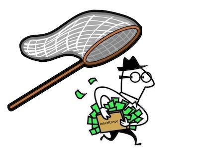 a cartoon of a butterfly net used to catch a thief to recover stolen inheritance