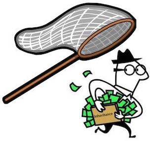 a cartoon of a butterfly net used to catch a thief, to illustrate my sister cheated me out of my inheritance