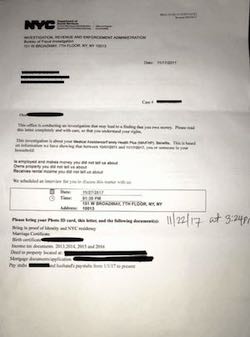 food stamp investigation letter in New York City